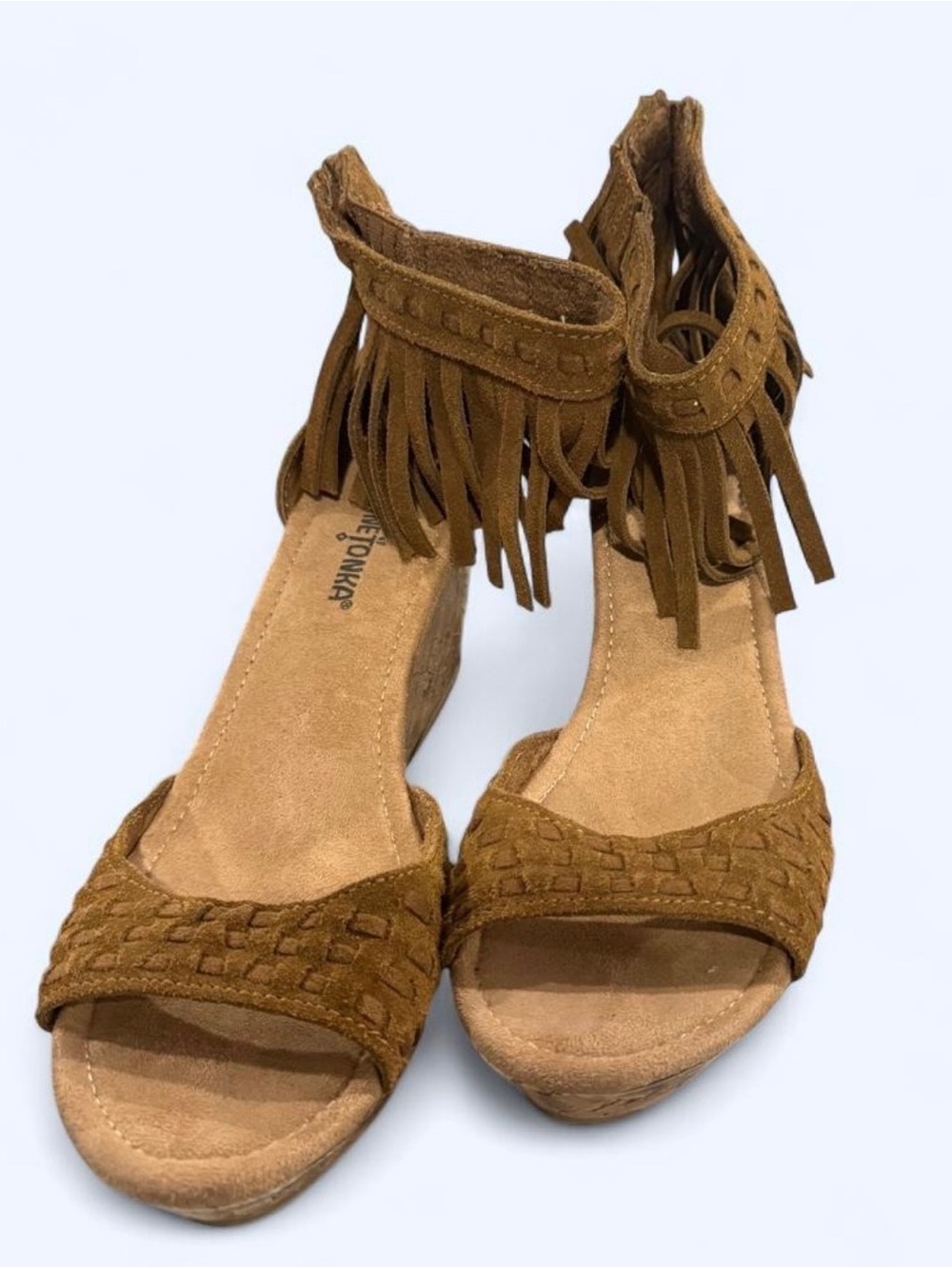 Minnetonka Tan Suede Fringe Ankle-Strap Sandals